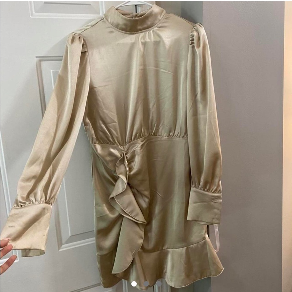 Missguided Satin Long Sleeve Ruffle Mini Dress in Champagne